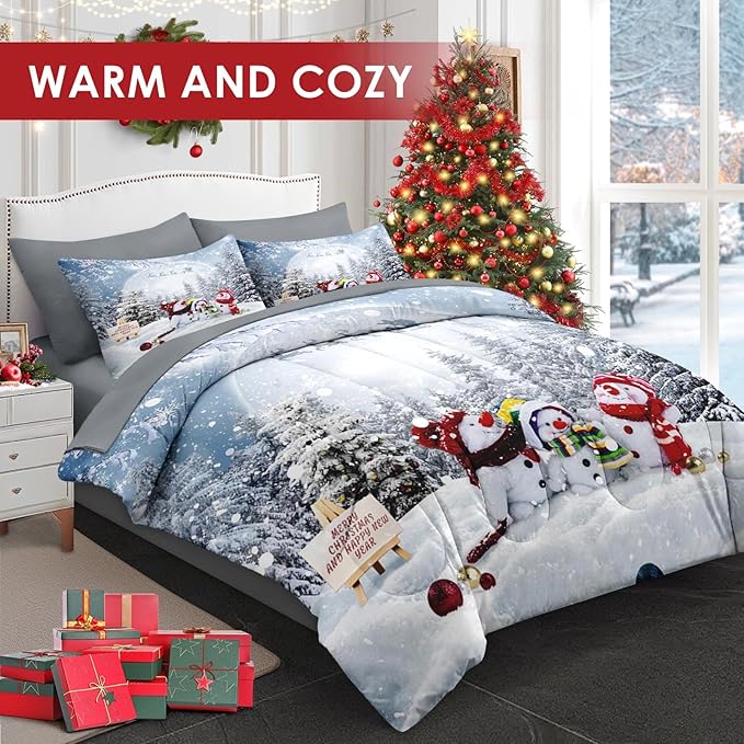 5 Pcs Twin Size Christmas Comforter Set with Pillowcase & Sham, Winter Snowy Forest Bedding for Kids and Adults, Happy Xmas Snowman Bed in a Bag with Flat Fitted Sheet