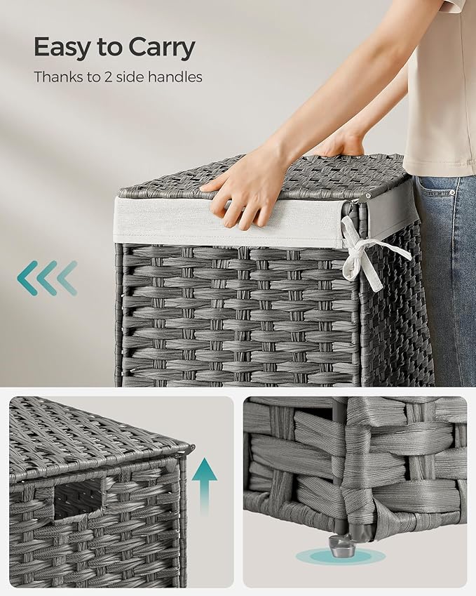 SONGMICS Storage Basket with Lid, 27.7 Gallon (105L) Storage Bin, Woven Blanket Storage Basket with Handles, Foldable, Removable Liner, Metal Frame, for Bedroom, Laundry Room, Gray URST066G01