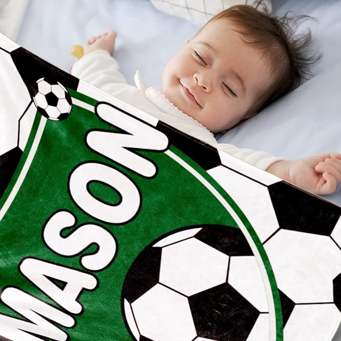 Personalized Soccer Blanket with Name for Boys, Custom Name Blanket for Kids, Soft Flannel Soccer Toddler Blanket Customized Gift for Birthday Christmas Baby Shower Newborn Gift 60/in X 80/in