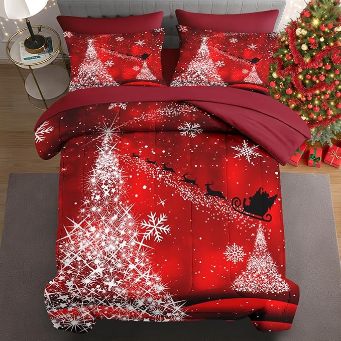 7 Pcs Full Size Christmas Comforter Set with 2 Pillowcases & 2 Shams, Glitter Pine Tree Bedding for Kids and Adults, Winter Elegant Snowflake Bed in a Bag with Flat Fitted Sheet