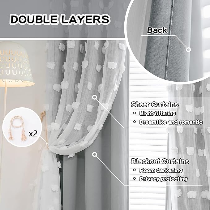 MYSKY HOME 90 Inch Long Grey Curtains for Living Room Double Layer Blackout Curtains for Boys Bedroom White Pom Pom Sheer Curtains for Kids Room Darkening Grommet Top Nursery Window Panels 52 x 90 in