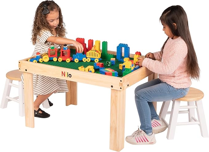 NILO Kids Activity Table Set with Two Double-Sided Baseplates/Boards/Mats (N34 Play Table with Holes, 24x32x20 and 2X Blue Base Plates 12x32)