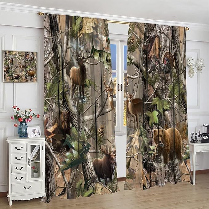 Retro Forest Window Curtains, Camouflage Hunting Tree Camo Rustic Deer Elk Bird Bear Blackout Rod Pocket Windows Door Curtain for Bedroom Living Room Home Decor 84x84in