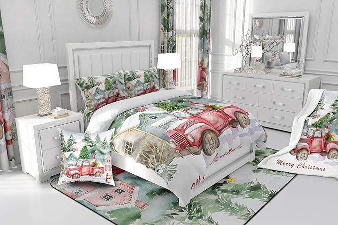 Red Old Truck Comforter Set Queen Size,Christmas Tree Gnome Bedding Set for Kids Boys Girls Room Decor,Snowman Winter Rustic Style Duvet Insert 3Pcs,Merry Christmas Retro Quilt Set,2 Pillowcases