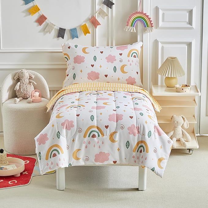 Joyreap 4 Piece Toddler Bedding Set for Girls- Pink n Yellow Clouds Moon Rainbow Lovely Design, Microfiber Toddler Bedding Comforter Set for All Seasons
