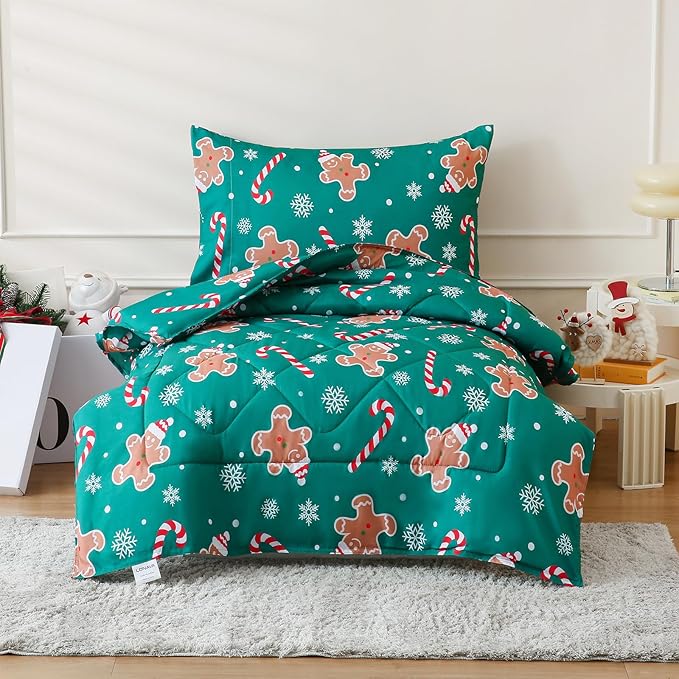 LONAVA Twin Kids Comforter Set - 4 Pieces Twin Bedding Sets for Boys Girls Children, Ultra Soft Microfiber Bed in A Bag with Flat Fitted Sheets, Gingerbread Man