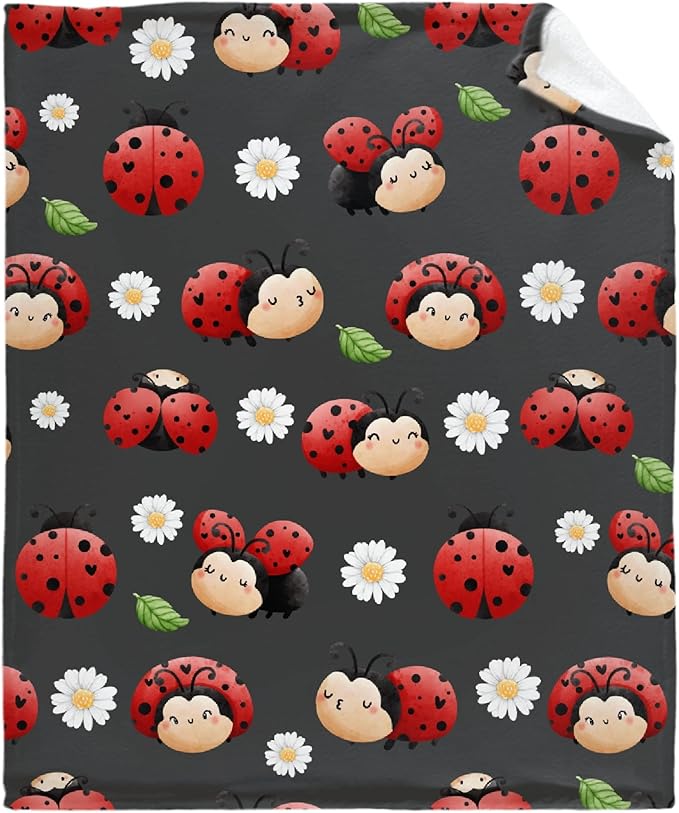 Thuswarm Cute Watercolor Ladybugs Grey Flannel Throw Blanket Warm Cozy Soft Funny Print Blankets for Bed Couch Sofa Room Decoration Gifts 120”×90” Extra Large for Family