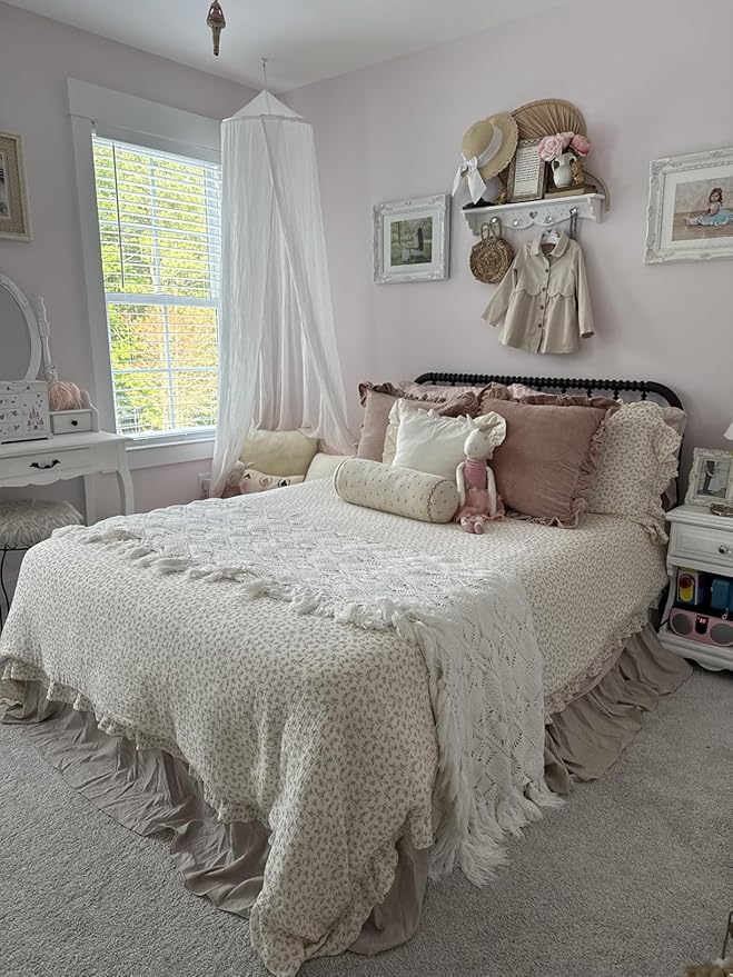 BuLuTu Cottage Camellia Print Duvet Cover King, Double-Layer Cotton Muslin Comforter Cover Floral Design Vintage Bedding Quilt Cover with Ruffles,90"x104", No Pillow, Machine Wash
