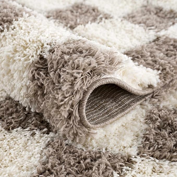 BoutiqueRugs Atira Modern Checkered Shag Area Rug - High Pile Fluffy Shaggy Carpet -Kids Room, Nursery, Living Room Shaggy Carpet - Brown, Cream, White, Taupe - 6'7" X 9'6" (6x9)
