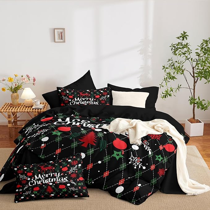 Christmas Duvet Cover King Size Black Christmas Tree Bedding Set Kids Boys Girls Happy Holiday Xmas Comforter Cover 3 Pieces with Zipper Closure (No Comforter)