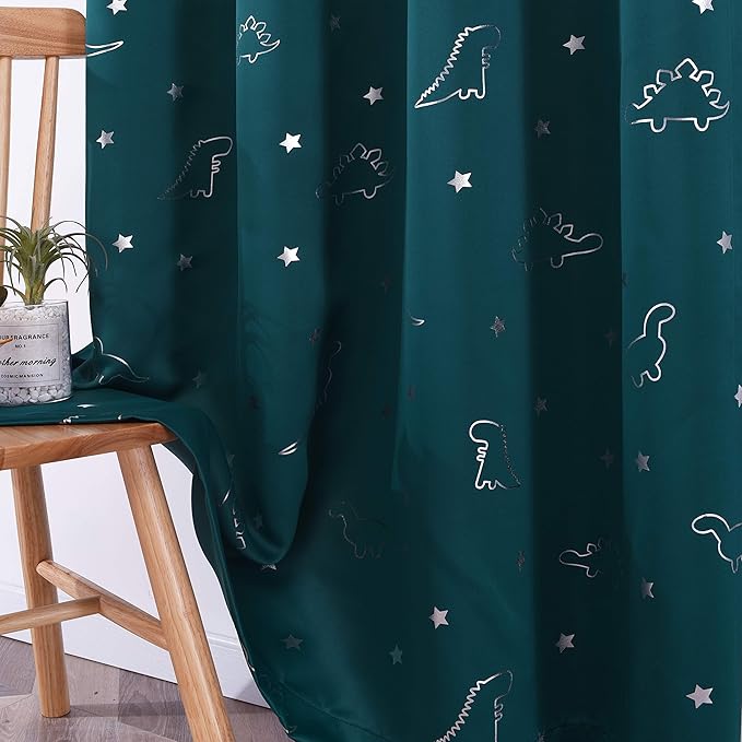 LORDTEX Dinosaur and Star Foil Print Blackout Curtains for Kids Room - Thermal Insulated Curtains Noise Reducing Window Drapes for Boys and Girls Bedroom, 42 x 63 Inch, Sapphire, Set of 2 Panels