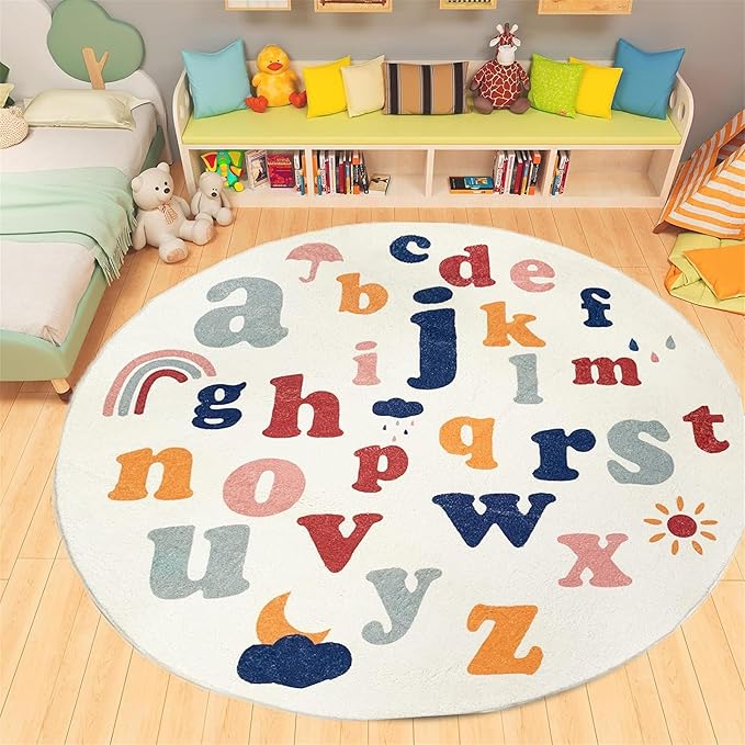 ABC Round Rug,4ft,Children's Educational Learning Area Rug, Colorful Alphabet Kindergarten Area Rug, Soft Fluffy Faux Cashmere Baby Crawling Mat for Living Room, Bedroom, Children's Room
