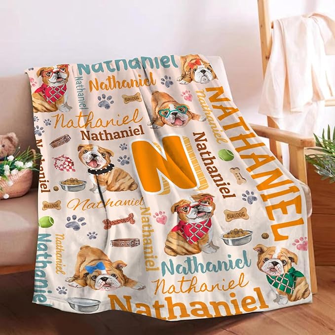 Personalized Custom Bulldog Blanket Gifts for Kids Boys Girls with Name - Customized Bulldog Super Soft Lightweight Flannel Sheets Decor for Crib Nap Couch - 90"x120" for Whole Family