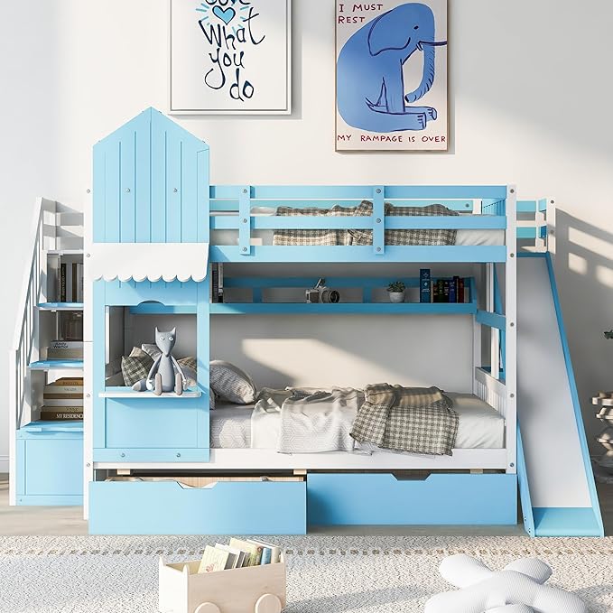 Full-Over-Full Castle Style Bunk Bed with 2 Drawers and 3 Shelves, Wood Bunk Bed Frame with Slide and Storage Staircase for Kids Teens Boys Girls Bedroom