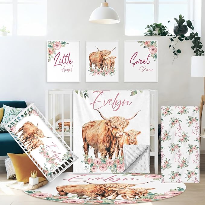 Custom Baby Crib Bedding Set, 5 Pcs Personalized Name Highland Cow Print Baby Crib Set, Double Layer Nursery Bedding Set for Baby Girls Boys, Ideal Gifts for Infant Toddler New Parents