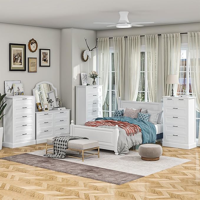 White Dresser with 5 Drawers, Vertical Storage for Bedroom, Wood Tall Dresser for Hallway, Wooden Tall Chest of Drawers for Entryway, Nursery, Lingerie Chest Drawer, Modern Farmhouse Style