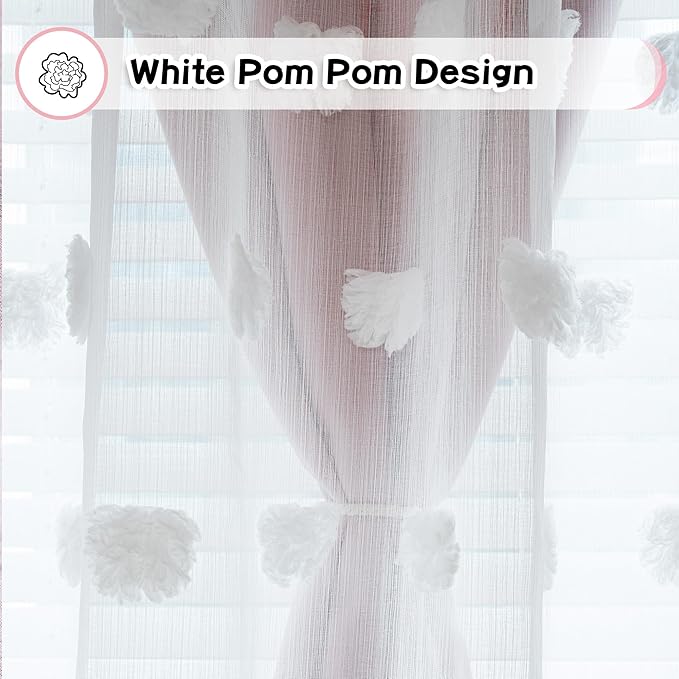 MYSKY HOME Light Blocking Pink Curtains for Living Room White Sheer Pom Pom Kids Room Decor Drapes 108 Inches Long Double Layer Curtain for Sliding Door Grommet Window Panels Set of 2 52" x 108"