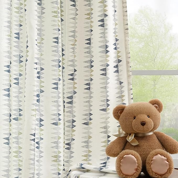 jinchan Linen Nursery Curtains for Living Room Boho Curtains for Bedroom Kids Room 63 Inches Long Geometric Printed Farmhouse Drapes Rod Pocket Window Treatment Curtain Set of 2 Panels Indigo-Gray