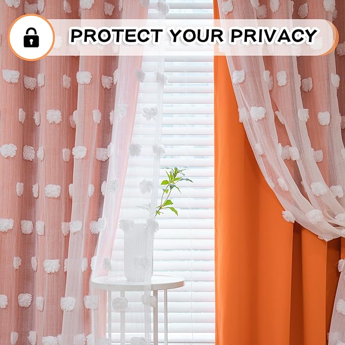 MYSKY HOME Orange Curtains 95 Inches Long for Living Room White Pom Pom Sheer Double Layer Curtains for Kids Rooms Nursery Curtains for Toddler Bedroom Grommet Room Darkening Window Panels 52" X 95"