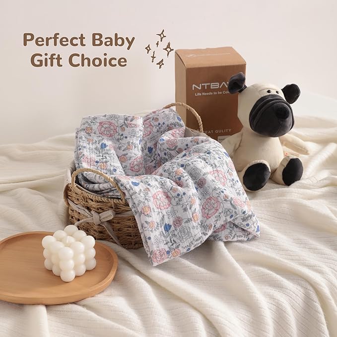 NTBAY 2 Layer Muslin Cotton Baby Swaddle Blanket, 42x60 Soft and Breathable Receiving for Newborns and Infants, Perfect for Crib, Stroller, Travel, Lightweight Nursery Blanket, Vintage Floral