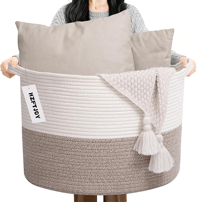 Large Blanket Basket for Organizing,115L Closet Organizers and Storage Bins Box for Shelves Woven Rope Storage Baskets,Living Room,Bedroom,Dorm,Laundry room (White&Brown)