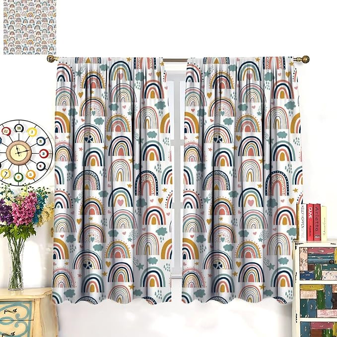 Kids Rainbow Curtains Boho Cartoon Colorful Stars Love Heart Lovely Abstract Art Pattern Print Window Drapes for Girl Bedroom Living Room Kitchen Decor,2 Panel Set,52Wx84H Inch Blackout