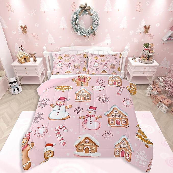 Feelyou Pink Christmas Kids Comforter Set King Size Snowman Bedding Set Gingerbread Man Duvet Quilt for Kids Boys Girls Bedroom Snowflake Candy Cane Decor Microfiber Ultra Soft Breathable