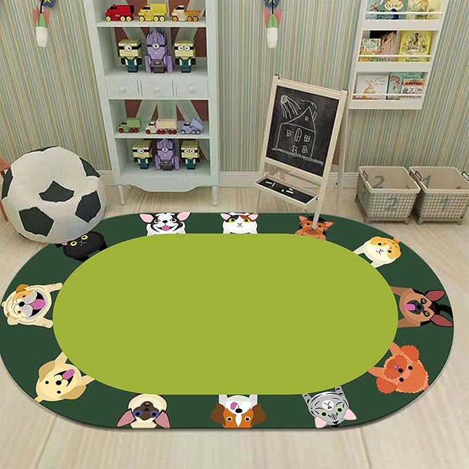 Cat and Dog Kids Area Rug, 4x6ft, Children's Pet Print Oval Rugs, Children's Educational Learning Animal Play Mat for School Classroom, Non-Slip Washable Green Carpet for Nursery Bedroom