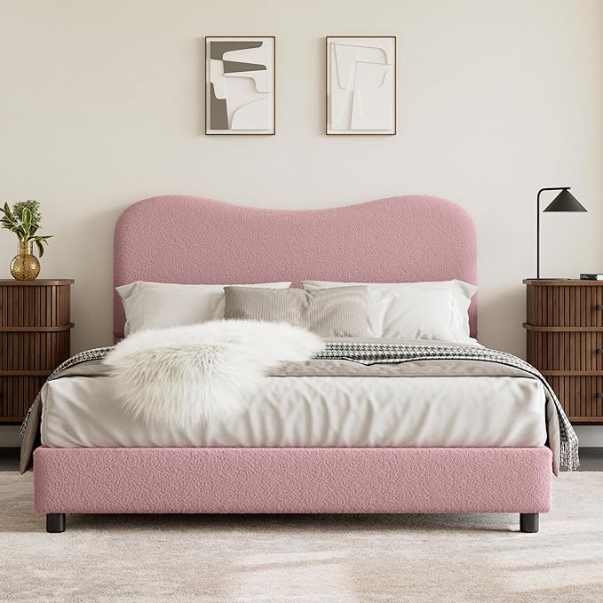 Senfot Pink Boucle Bed Frame with Upholstered Headboard, Soft Low Profile Sturdy Platform Bed with Rounded Corners Design, Heavy Duty, Wooden Slats, Noise Free, No Box Spring Needed, Queen Size