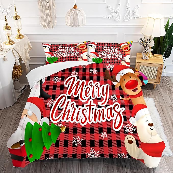 Christmas Comforter Set Full Size Black and Red Plaid Bedding Sets Xmas Gift Christmas Themed Festival Winter Snow Quilt Set,1 Comforter + 2 Pillow Cases