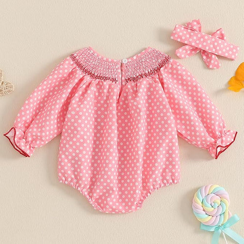 Amiblvowa Baby Girl Valentines Day Outfit Embroidery Love Heart Smocked Bubble Romper Bodysuit Cute Infant Newborn Clothes