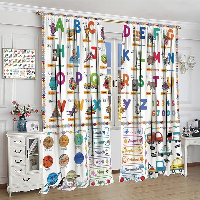 Alphabet Curtain for Kids Room ABC Letter Educational Learning Animal Number Printed Rod Pocket Blackout Window Drapes for Bedroom Playroom Classroom 84" W X 84" L