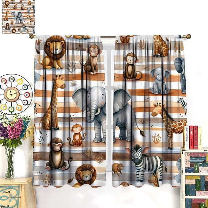 Kids Animal Curtains Elephants Giraffes Monkeys Lions Zebras Window Treatment for Kids Boys Girls Nursery Baby Bedroom Playroom Home Decor Window Drapes 42" W X 63" L