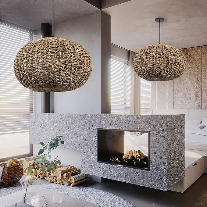 Arturesthome Rattan Chandelier, Handwoven Kitchen Pendant Light,Wicker Lamp Shade Farmhouse Ceiling Lighting Fixtures,Country Weave Hanging Light for Foyer Nursery