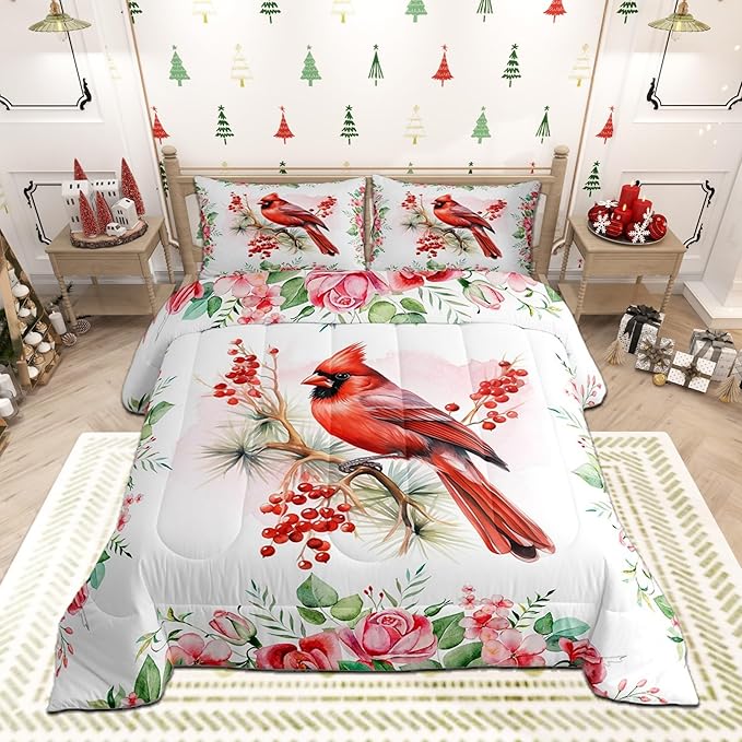 Castle Fairy Red Bird Comforter Set Twin Size,Watercolor Cardinal Berry Christmas Bedding Set for Kids Boys Men,Pink Floral Green Plant Painting Quilted Duvet Set with 1 Pillowcase