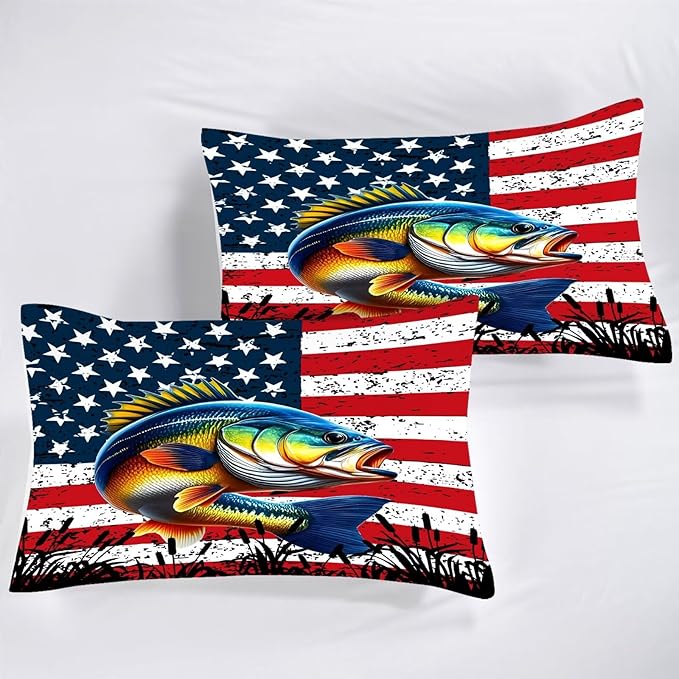 Fisherman Comforter Set King Size American Flag Bedding Set for Men Boys Teens Fishing Lover Bedroom Bass Fish Farmhouse Bed Set Wild Quilted, 1 Comforter 2 Pillowcases
