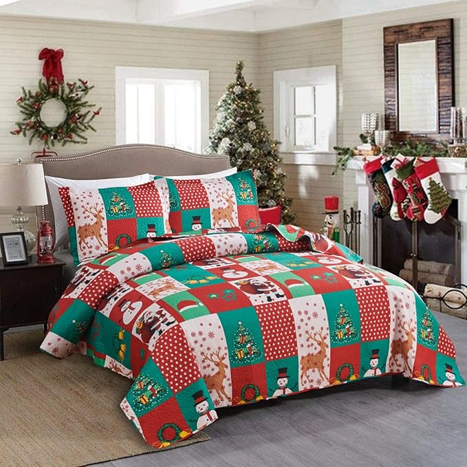 Christmas Bedding Set King Size Christmas Quilt Bedspread Holiday Xmas Bedding Plaid Patchwork Rustic Lodge Cabin Snowman Santa Claus Festival Decor Lightweight Reversible Bedspread Coverlet Red