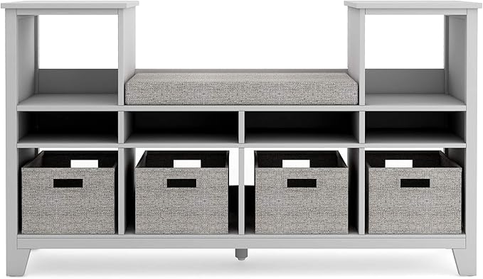 Martha Stewart Kids' Reading Nook - Gray: Wooden Storage Bench Bookcase Organizer with Seat Cushion, Book Shelves, and Fabric Bins for Bedroom or Playroom