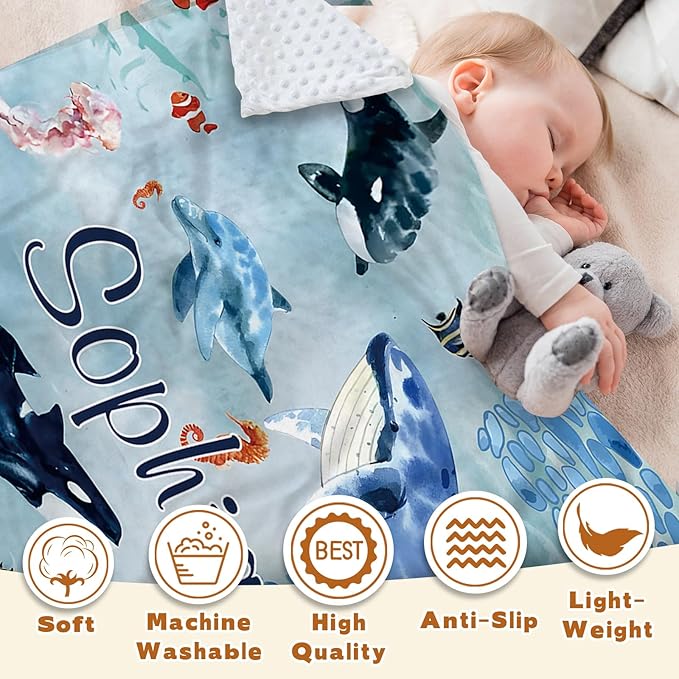 Custom Baby Blanket - Ocean Animals Theme Personalized Name Blanket for Boys Girls, Soft Infant Toddler Blanket with Whale and Dolphin, Customizable Nursery Bedding (30”x40)