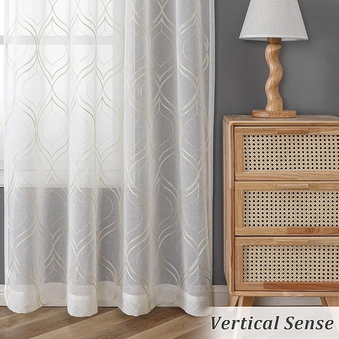 VISIONTEX White Sheer Curtains 95 Inches Long 2 Panels Set Beige Moroccan Embroidered Curtains Trellis French Textured Rod Pocket Voile Tulle Semi Window Drapes for Bedroom Living Room 54 x 95 Inches
