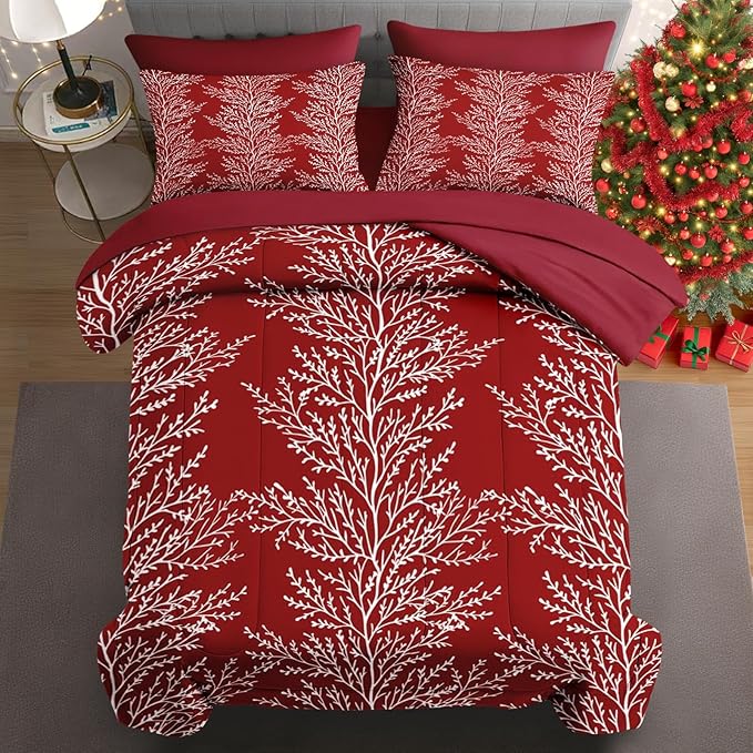 7 Pcs Full Size Christmas Comforter Set with 2 Pillowcases & 2 Shams, Red Botanical Bedding for Kids and Adults, Winter Tree Branch Bed in a Bag with Flat Fitted Sheet