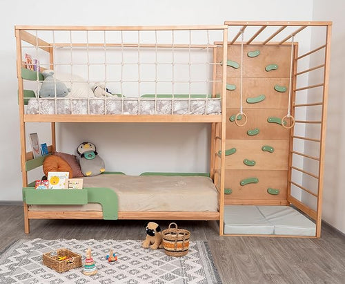 2-in-1 Bunk Bed with Desk and Toddler Jungle Gym Indoor for Home Activities, Made in Europe 75 x 38 Bunkbed with Storage Baskets, 3 Colors Space Saving Montessori Floor Bed Combined with Jungle Gym