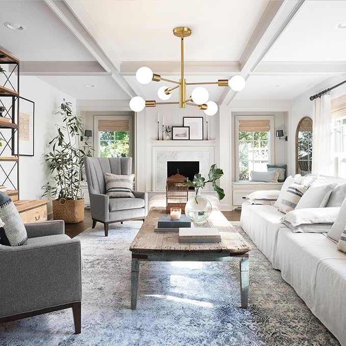 Modern Sputnik Chandeliers Light, 6-Light Gold Dining Room Chandelier Over Table, E26 Mid Century Ceiling Light Fixtures Height Adjustable Hanging Pendant Lighting for Entryway Foyer