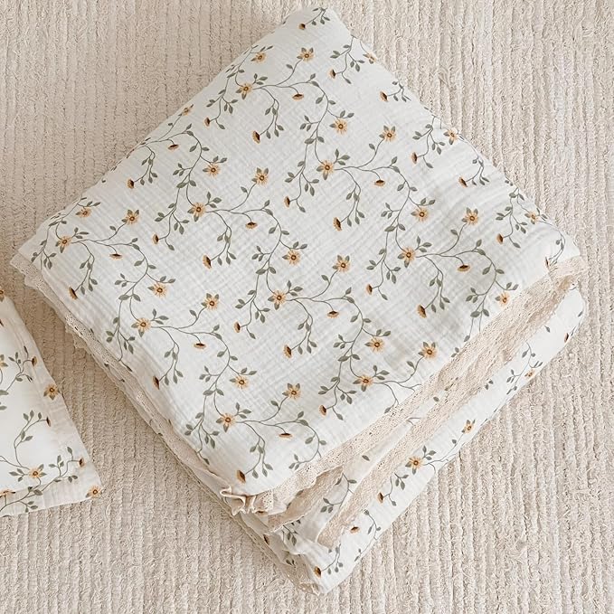 BuLuTu Cotton Muslin Toddler Comforter Shabby Chic Floral Design Twin Bed Blankets for Children Soft Lightweight Girls Boys Quilted Blanket, Wildflower Pattern, 60"x78"