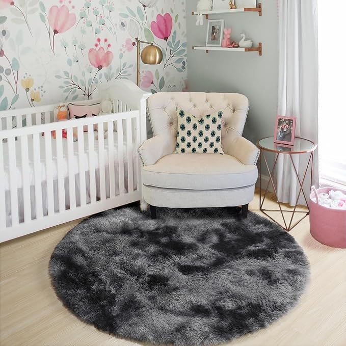 Amdrebio Tie-Dyed Dark Grey Round Rugs for Living Room, 8x8 Rug, Extra Large Circle Area Rug for Bedroom, Big Shag Fluffy Plush Carpet for Mens Home, Modern Cool Circular Rug, Soft Cozy Thick Rugs