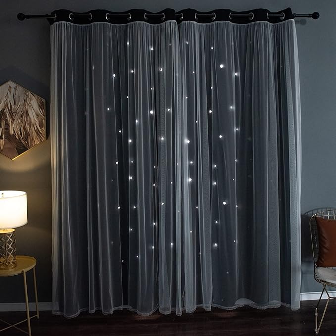Kinryb Black Star Cutout Blackout 84 Inches Curtains Double Layer with Sheer Overly Curtains for Bedroom Thermal Insulated Window Treatment Set with 2 Free Tiebacks (52W x 84L 2 Panels Black)