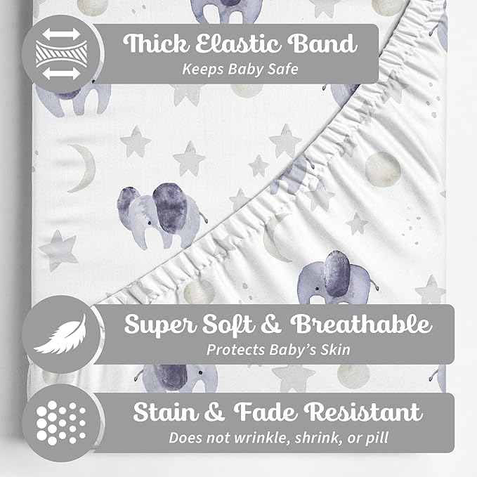 Crib Sheets Neutral - Fitted Baby Crib Sheets Bed for Girl Boy - 2 Pack Standard & Toddler Mattress (Watercolor Elephants) - Buttery Soft Organic Cotton Blend