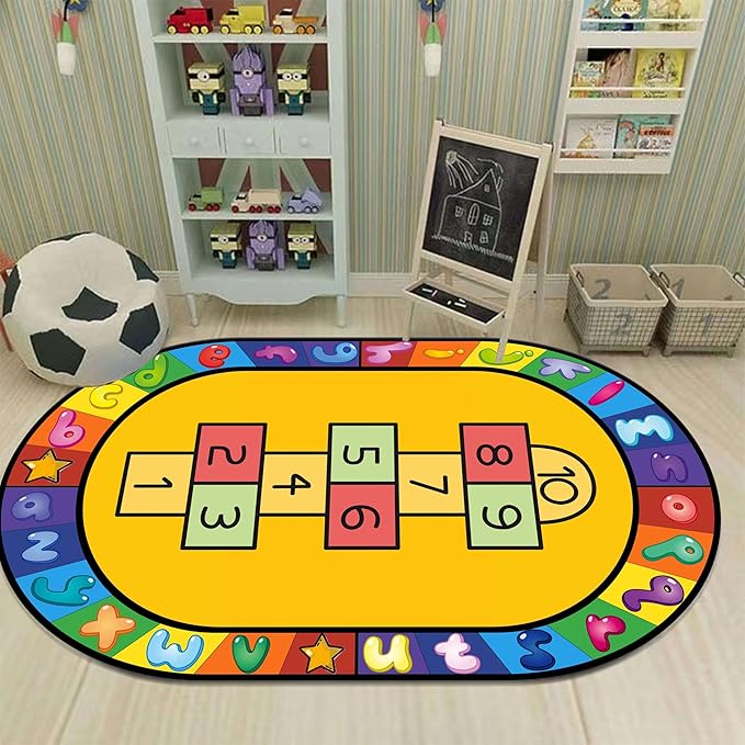 Kids Hopscotch Area Rug, 5x7ft, Playmat for Boys & Girls, Alphabets and Numbers Educational Learning & Fun Game Oval Rug, Soft Non-Slip Machine Washable Rug for Playroom Classroom Nursery