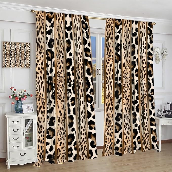 Leopard Curtains, Cheetah Wild Animal Geometric Stripe Wildlife Theme Window Drapes for Bedroom Living Room 42" W X 54" L