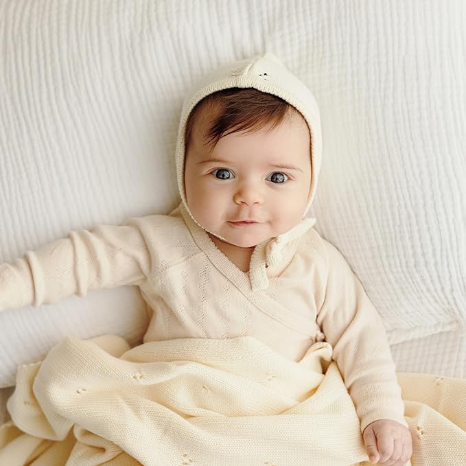 Organic Pointelle Baby Blanket + Hat Gift Set for Boys & Girls - 100% Soft Luxury Cotton Swaddle Blanket + Bonnett Registry for Newborns & Infants (Dove Grey + Hat)